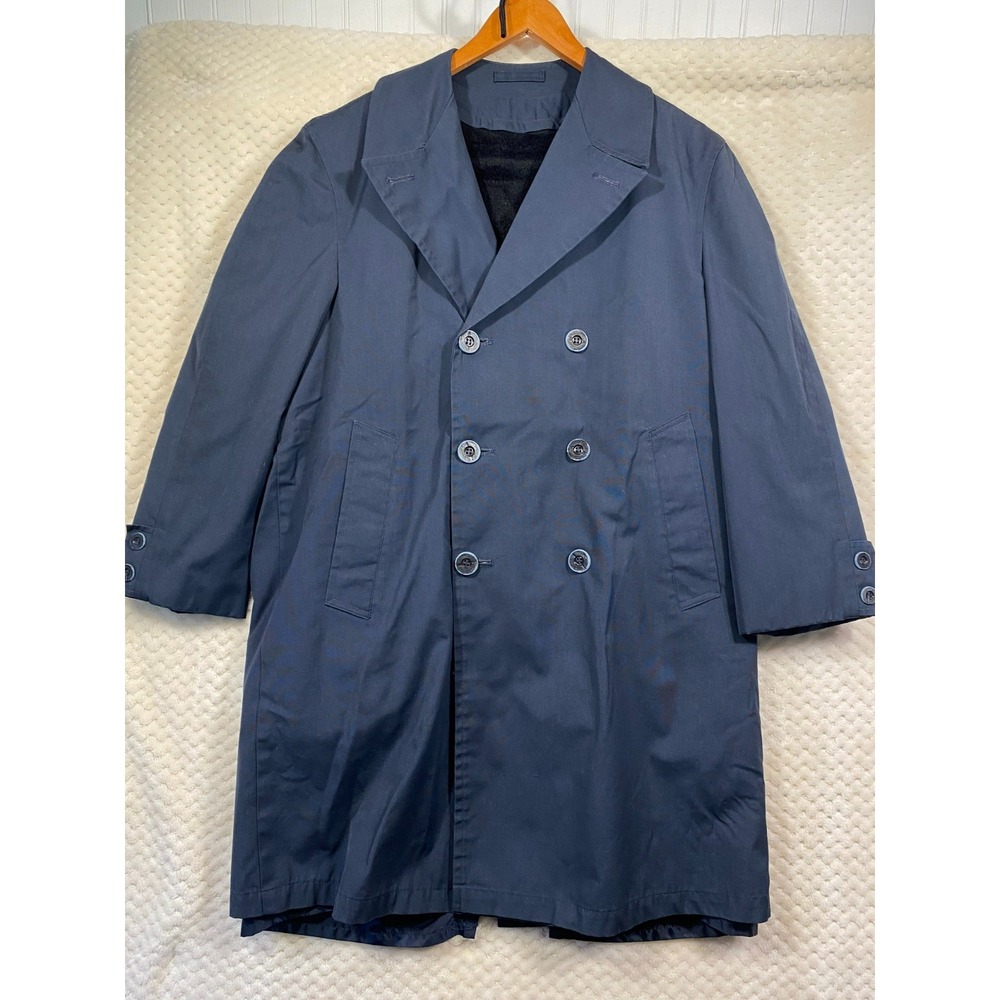 Vintage Koratron Raincoat Navy Blue Fleece Liner Mens 44 Mid-Length Coat